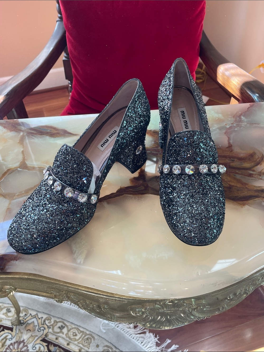 Brand new Miu Miu Bdatk gray Glitter Crystal-Trim Block Heel Loafers